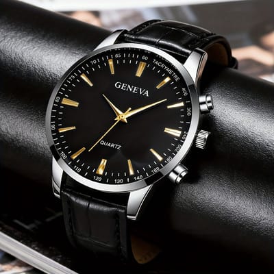 Sjika - Heren Horloge Geneva – Klassiek Quartz Horloge met Leren Band – Luxe Zwart Goud Design - Cadeau voor hem