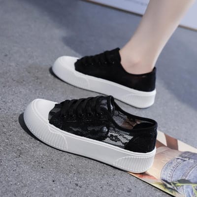 Zomer Dames Kant Casual Schoenen Vrouw Mesh Ademende Sneakers Flats Comfort Ondiepe Platform Bloemen Loafers Wandelen Zwarte Schoenen 40 gray