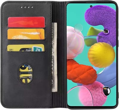 Smartphonica Samsung Galaxy A51 kunstleren hoesje met magnetische sluiting en pashouders book case - zwart geschikt voor Samsung Galaxy A51