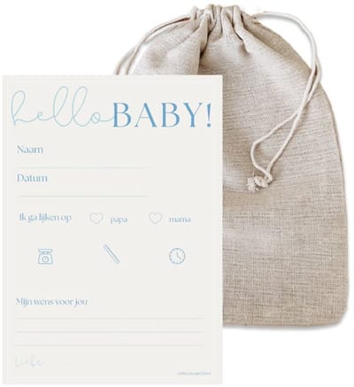 Hello Baby invulkaarten babyshower Blauw in linnen zakje 10 stuks