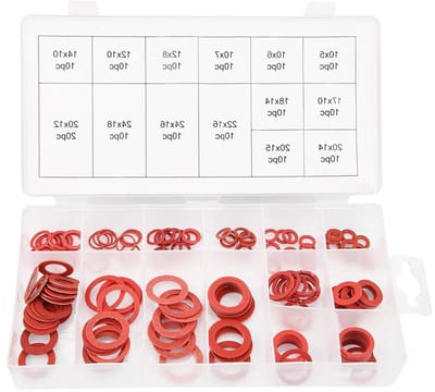 Sealing Rings Set met 150 Stuks in 14 Maten - Rood Staal en Papieren Vezel, Isolatie en Assortiment in Doos