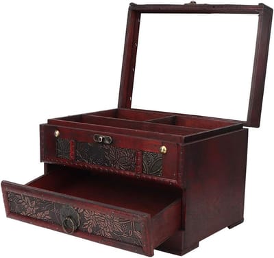 Sieradenkistje Hout - Opbergdoos Organizer - Sieraden Opbergen - Met Grote Spiegel - 22 x 16 x 16 cm - Bruin