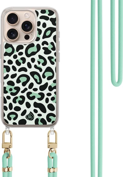 Casimoda® hoesje met koord - Geschikt voor iPhone 16 Pro - Leopard Mint - Afneembaar koord - TPU/polycarbonaat - Mint