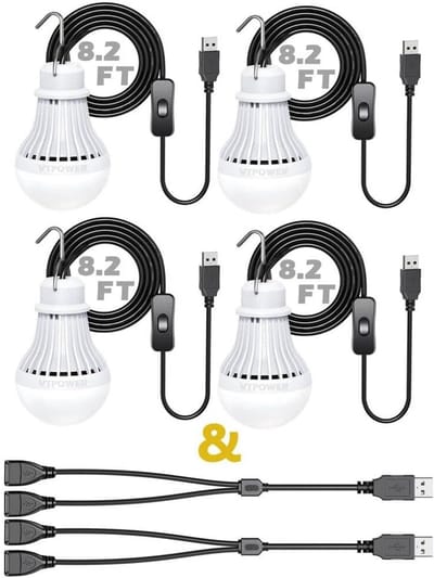 VTpower 4-pack draagbare LED-lamp, 5W USB LED-campinglamp voor garage, magazijn, auto, vrachtwagen, vissersboot, outdoor noodverlichting voor kinderen, slaapkamer, 2,5 m verlengsnoer