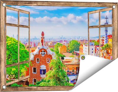 Gards Tuinposter Doorkijk Park Güell in Barcelona - Kleurrijk - 60x40 cm - Tuindoek - Tuindecoratie - Wanddecoratie buiten - Tuinschilderij