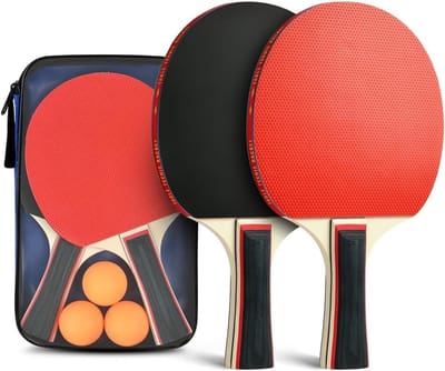 Houten Tafeltennisbat Set met 2 Bats, 3 Ping Pong Ballen en Draagtas voor Binnen en Buiten Spelletjes en Training