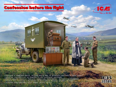 ICM Modelbouwpakket Militaire voertuigen - 35585 Confession before the fight - Mobiele Kapel Vrachtwagen met Kapelaan en Britse Soldaten Figuren Plastic - 1:35 - Modelbouw