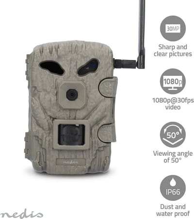 Nedis Wildcamera met Nachtzicht – 4G Full HD 1080p – 30MP – Bewegingssensor – No Glow IR – App – IP66 – Voor Buiten en Beveiliging
