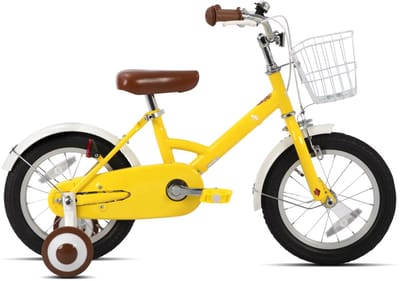 Kinderfiets – Voor kinderen – Met mand, spatborden, volledige kettingkoffer en zijwieltjes – 30 cm / 41 cm / 46 cm wielen, geel