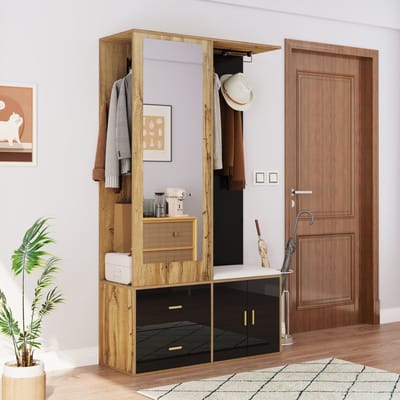 DESMIU Garderobekast - Met Spiegel, Schoenenrek En Zitbank - Ruimtebesparend Voor Hal En Entree - Spaanplaat - 100x38x180 Cm - Zwart Naturel