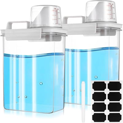 Set van 2 luchtdichte 1800ml opslagcontainers voor waspoeder, rijst en droogvoer met maatbeker, etiketten en pen