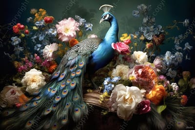 John Joseb Art (Canvas) 90x60 | Pauw met bloemen, kunst, woonkamer, slaapkamer | vogel, dier, rood, blauw, groen, geel, bruin, modern | Foto-Schilderij canvas print (wanddecoratie)
