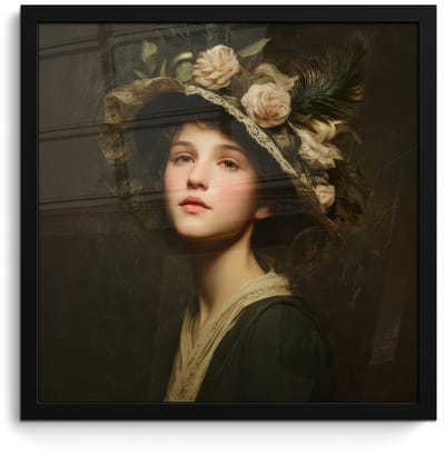 Poster in lijst - Fotolijst 40x40 cm - Posters - Bloemenhoed - Portret - Vrouw - Posterlijst zwart - Decoratie - Wanddecoratie woonkamer - Muurdecoratie slaapkamer