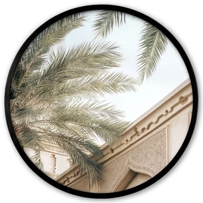 Poster in lijst Rond - Fotolijst 40x40 cm - Posters - Gebouw - Palmbomen - Beige - Zon - Ronde posterlijst zwart - Decoratie - Wanddecoratie woonkamer - Muurdecoratie slaapkamer