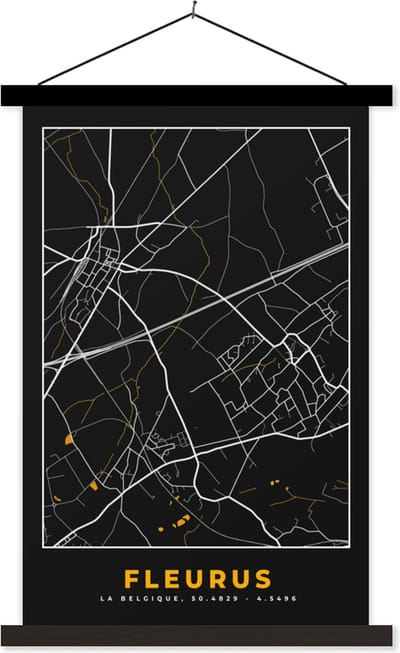 Posterhanger incl. Poster 40x60 cm - Schoolplaat - Fleurus - Stadskaart - Gold - Plattegrond - Kaart - Textielposter - Zwarte latten - Stadskaart