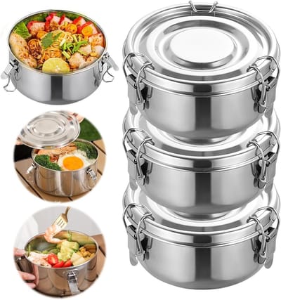 Set van 3 Ronde RVS Lunchdozen van 10 cm - Lekvrije Voedselcontainer voor Kinderen - Duurzame en Gemakkelijke Lunchoplossing met Deksel en Afsluitring