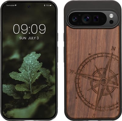 kwmobile telefoonhoesje geschikt voorGoogle Pixel 9 Pro XL - Hoesje met bumper - hout - In donkerbruin Vintage Kompas design