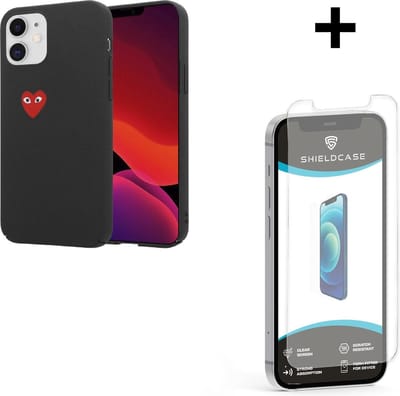 ShieldCase Heart Eyes geschikt voor Apple iPhone 12 / 12 Pro - 6.1 inch hoesje - telefoonhoesje met hartje / hart - zwart / rood + glazen Screen Protector