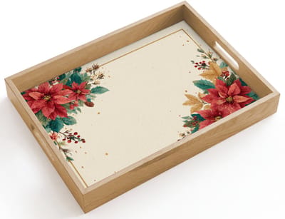 Dienblad hout 40x30 cm - Schootdienblad - Kerst - Poinsettia - Omlijsting - Kleurrijk - Borrelplank rechthoek - Plateau dienbladen
