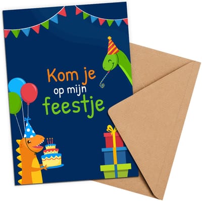 uitnodiging kinderfeestje Dino + Enveloppen - 10 stuks - Beschrijfbaar - Uitnodigingskaarten - Uitnodiging verjaardag - uitnodiging verjaardag feest - Uitnodiging kinderfeestje Jongen of Meisje - Uitnodiging feestje - uitnodigingen