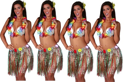 Fiestas Guirca Hawaii verkleed set - 4x - volwassenen - multicolour - rokje/bloemenkrans/haarclip