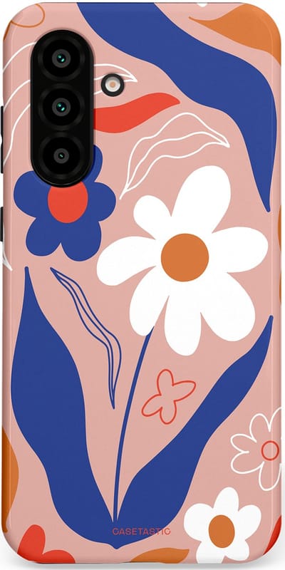 Casetastic hoesje geschikt voor Samsung Galaxy A36 / Samsung Galaxy A56 - Dubbellaagse bescherming - Eenvoud in bloei - Fashion Case - Perzik Donkerblauw Wit