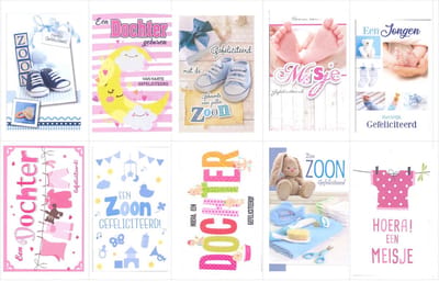 10 Luxe Wenskaarten Geboorte 5x Zoon en 5x Dochter - 17x12cm - Gevouwen kaarten met enveloppen - Gratis verzonden - Assorti nr:51
