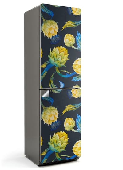 Wallfluent Koelkaststickers - Schilderachtig bloemenpatroon Koelkast Folie - 60 cm x 205 cm - Geel Koelkaststickers - Zelfklevende Koelkaststicker - Stijlvolle Koelkast Stickers - Koelkast Wrap - Koelkast Makeover