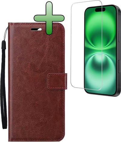 Hoesje Met Screenprotector - Geschikt voor Apple iPhone 16 - Luxe Pasjeshouder - Bookcase Portemonee - Flip Case - Kunstleer Book Case - Flipcase - Book Cover - Walletcase - Portemonneehoes - Bruin