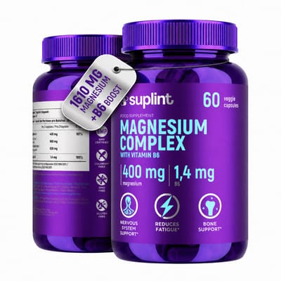 Magnesium Complex 400 mg Bisglycinaat + Citraat + Vit. B6 – Magnesium Supplement spieren, zenuwen, energie – Vegan - 60 Capsules - Suplint
