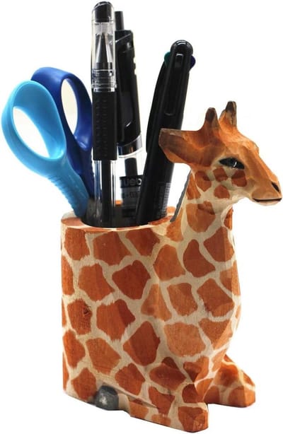 Houtsnijwerk Giraffe Penhouder - Bureau Organizer Pot - Bureau Opruimen - Handgesneden Decoratie - 10 x 5 x 11 cm