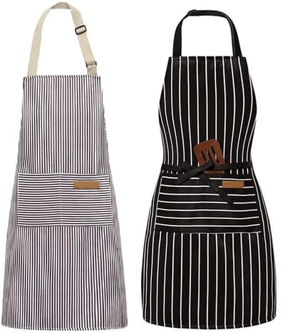 MDUG Tweedelig verstelbaar schort in slabbetjesstijl - met twee zakken - unisex - zwart gestreept en grijs gestreept - koksschort voor keuken en restaurant