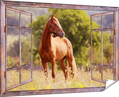 Gards Tuinposter Doorkijk Bruin Paard in de Wei - 180x120 cm - Tuindoek - Tuindecoratie - Wanddecoratie buiten - Tuinschilderij