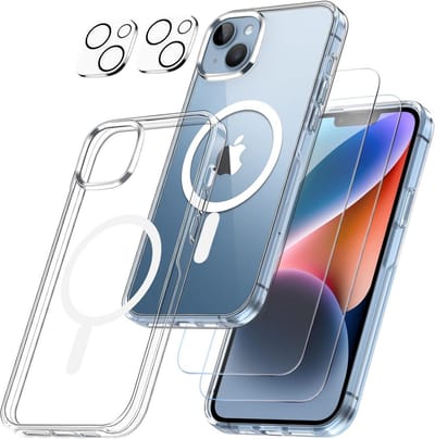 iPhone 15 Hoesje backcover Shockproof siliconen Transparant met geïntegreerde magnetische cirkel + 2 gehard glazen screenprotectors + 2 Camera Protector van glas