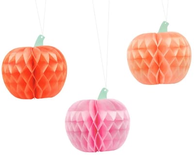 PARTYDECO - 3 honingraat papieren pompoenen 24 cm pastel om op te hangen