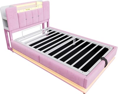 COVREO Kinderbed met LED – 90x200 cm – Opbergframe met USB-poort – Eenpersoons slaapplaats – Roze - zonder matras