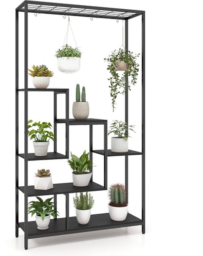 COSTWAY Plantenstandaard, 6 etages, 180 cm, metalen plantenrek, bloemenrek met 10 S-haken en roosterplank, bloemenstandaard, bloementrap voor balkon, woonkamer (zwart)