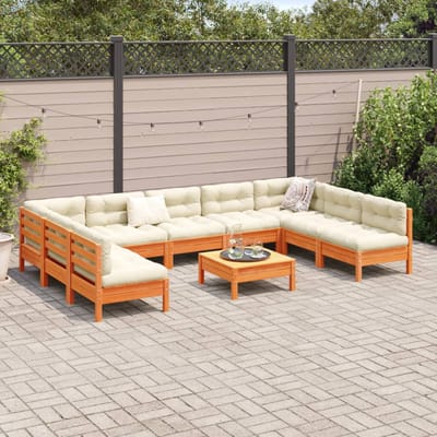 vidaXL - 10-delige - Loungeset - met - kussens - massief - grenenhout - wasbruin