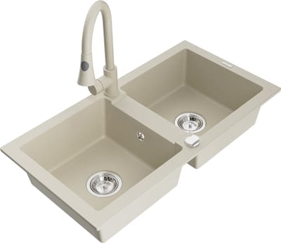 Mexen Mario 2-komerige granieten spoelbak met keukenmengkraan Elia, beige - 6504-69-670101-69