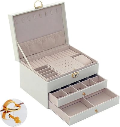 Dailygoods- Sieradenopslag met 3 niveaus - Stapelbare Sieradendoos - Opbergdoos met 2 laden - Met slot en sleutel - Compact en ruimtebesparend - 23 x 17 x 13,5 cm