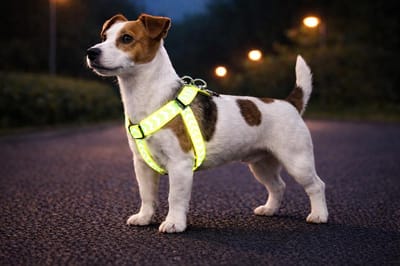 Hondentuig – hondenharnas – Step&Go Fergu Fluo geel S – 25–45 cm – 15 mm breed – nylon – reflecterend – traploos verstelbaar – met trekontlasting