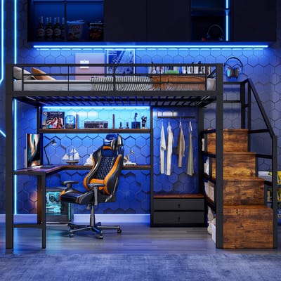 VVBV Hoogslaper 140x200 cm - Opbergruimte, 2 Lades, LED-Verlichting, Bureau, Trap/Ladder - Metaal Zwart - Zonder Matras