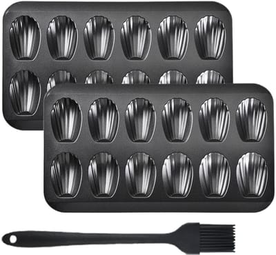 Madeleine Bakvorm, madeleine vorm, antiaanbaklaag voor gemakkelijk uitvormen, met siliconen oliekwast voor oven, bakken, chocolade, brownies, koekjes, zwart (12 bakjes, 2 stuks)