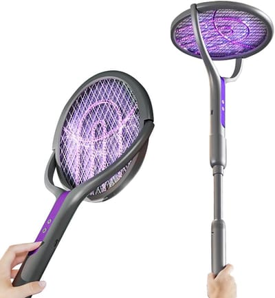 6-in-1 elektrische vliegenmepper, 2800 V, elektrische muggenmepper met roterende kop, oplaadbare vliegenmepper, elektrische vliegenval met telescopische verlengstang, USB-insectenval