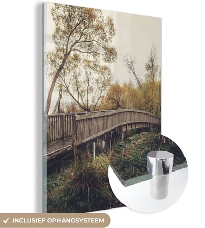 MuchoWow® Glasschilderij 30x40 cm - Schilderij acrylglas - Herfst - Brug - Bomen - Foto op glas - Schilderijen