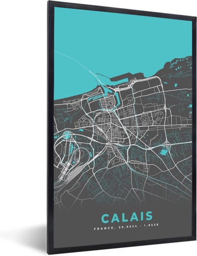 Fotolijst incl. Poster - Calais - Frankrijk - Plattegrond - Kaart - Stadskaart - 40x60 cm - Posterlijst