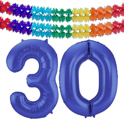 Folat Verjaardag Leeftijd folieballon - 30 jaar - blauw - 86 cm - cijferballon groot - incl 2x feestslingers