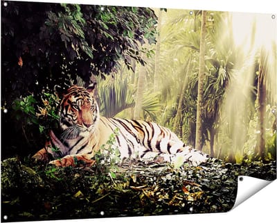 Gards Tuinposter Tijger in de Jungle met Zonneschijn - 150x100 cm - Tuindoek - Tuindecoratie - Wanddecoratie buiten - Tuinschilderij