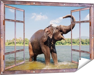 Gards Tuinposter Doorkijk Vrolijke Olifant in het Water - 120x80 cm - Tuindoek - Tuindecoratie - Wanddecoratie buiten - Tuinschilderij