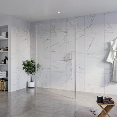 FugaFlow Eccelente Vetro Vrijstaande inloopdouche badkamer - 120x200cm - Helder - antikalk - 8mm veiligheidsglas - 2 zijwanden 30cm - met wandarmen en hoekprofielen - RVS geborsteld -